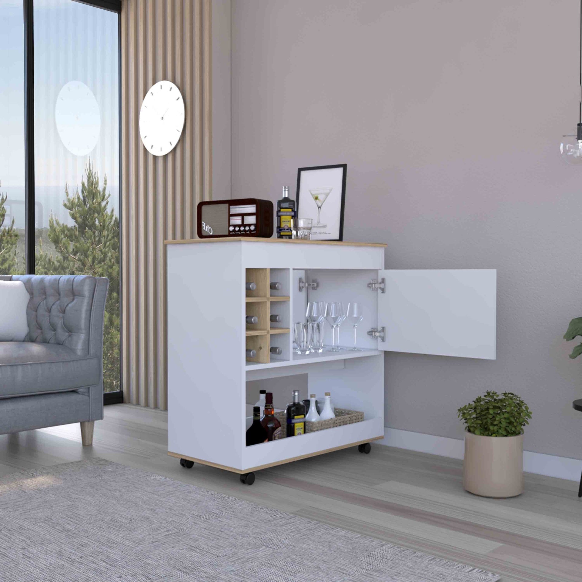 Camelia Bar Cart, Lower Panel, Six Bottle Cubbies, One Cabinet -Light Oak / White