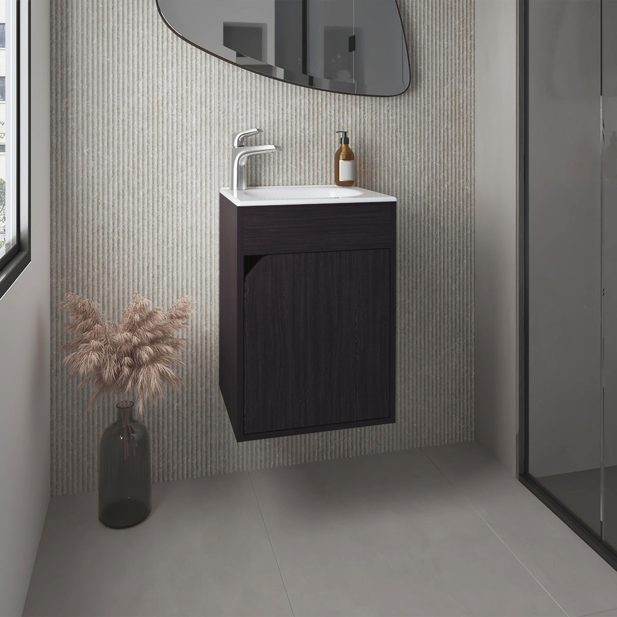 Bethel Floating Wide One-Door Vanity With Resin Sink And Two Shelves, Bathroom Storage, Black
