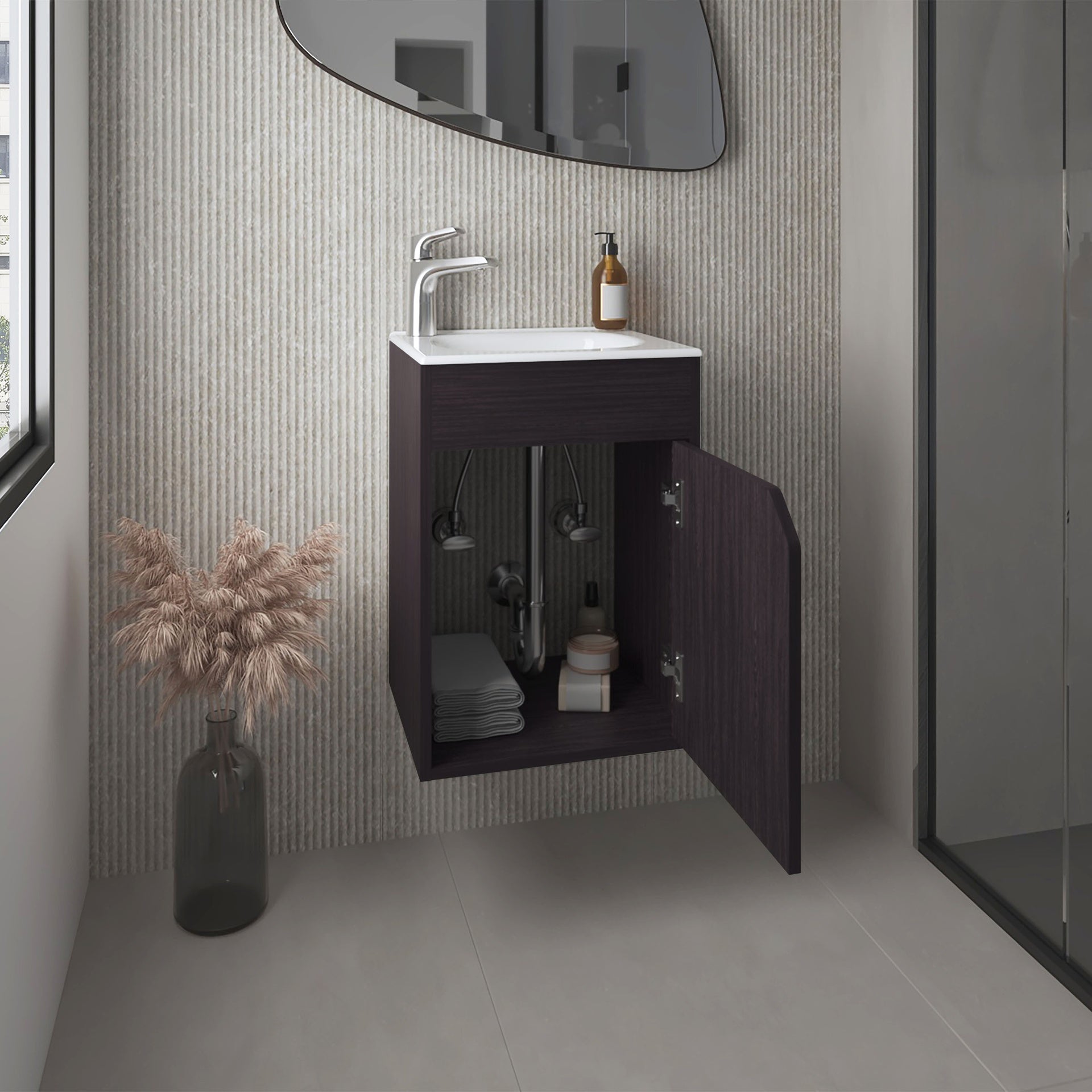 Bethel Floating Wide One-Door Vanity With Resin Sink And Two Shelves, Bathroom Storage, Black