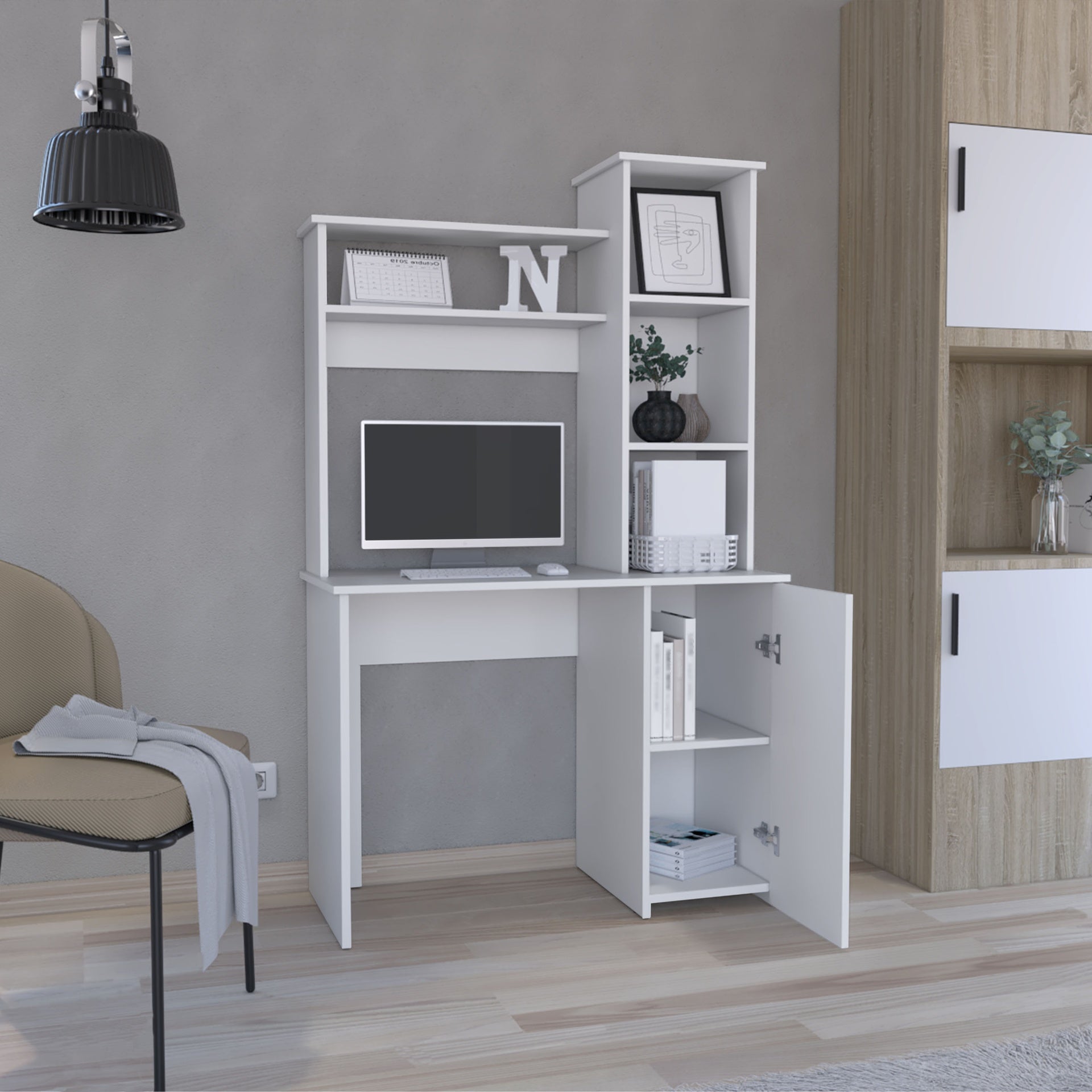 Carson Computer Desk with Hutch, Single Door Cabinet, Expansive Work Surface and 3-Tier Storage Shelves
