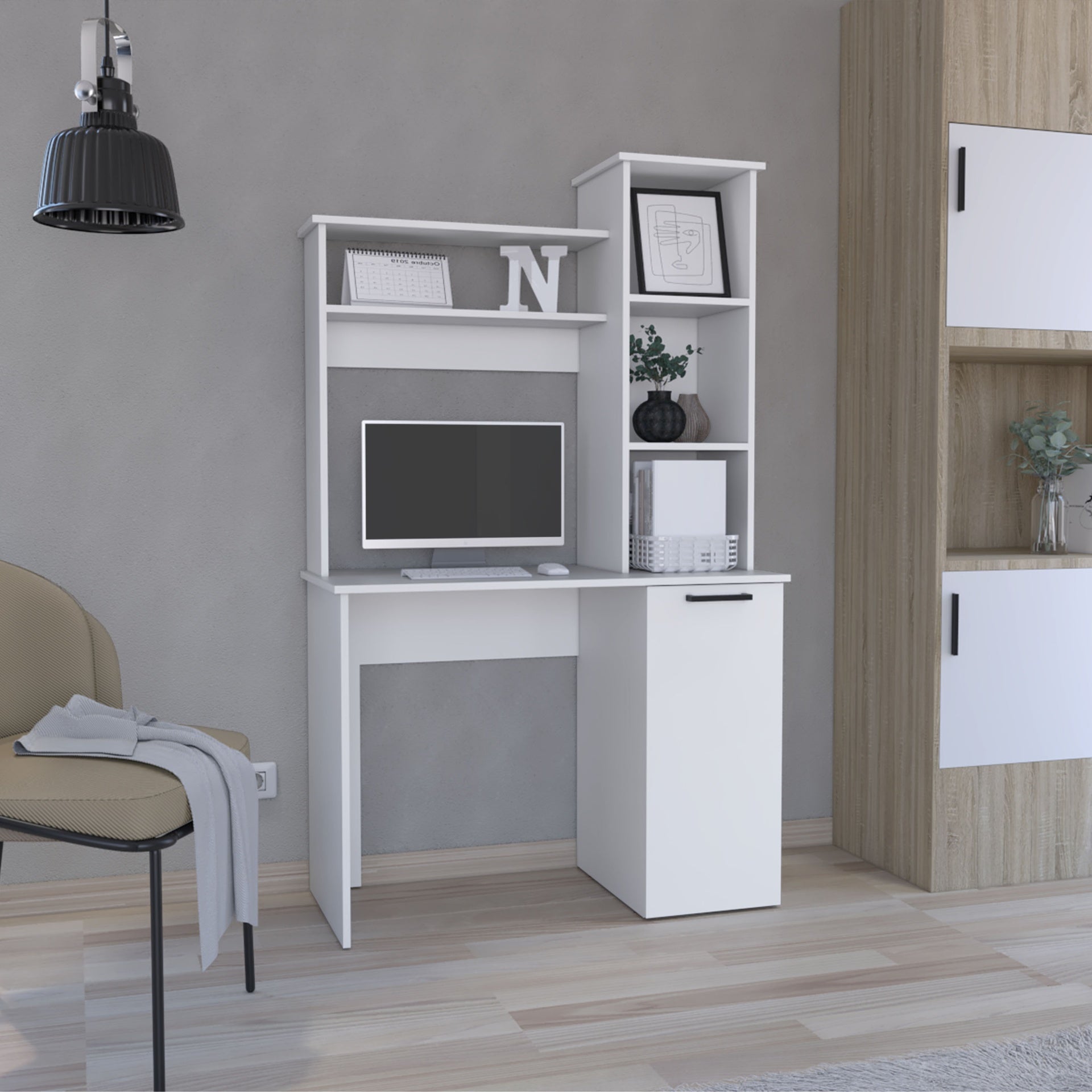 Carson Computer Desk with Hutch, Single Door Cabinet, Expansive Work Surface and 3-Tier Storage Shelves