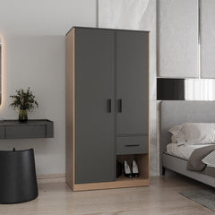 Alder 2-Door  One Drawer Amoire with 2 Cabinets, Two Hanging rods and Four Shelves in Matt Gray and Natural Oak