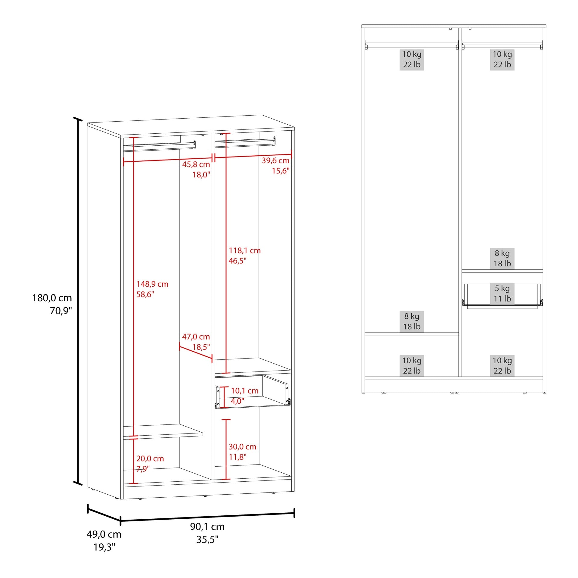 Alder 2-Door  One Drawer Amoire with 2 Cabinets, Two Hanging rods and Four Shelves in Matt Gray and Natural Oak