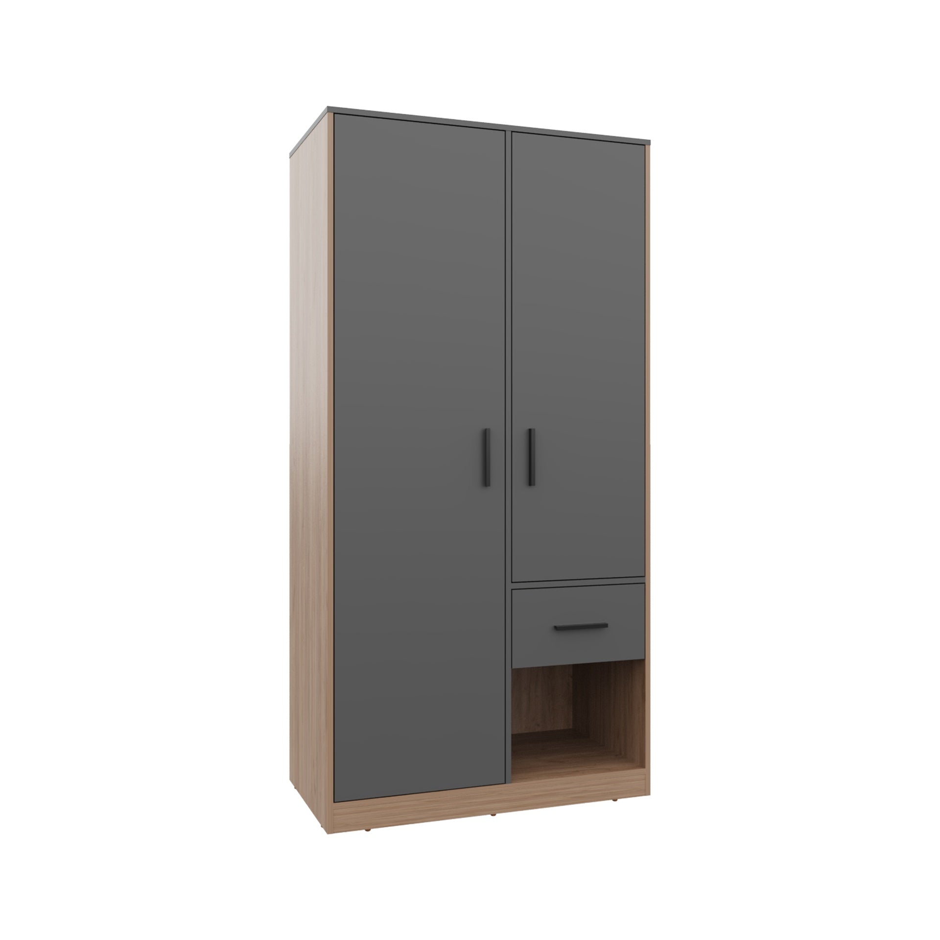 Alder 2-Door  One Drawer Amoire with 2 Cabinets, Two Hanging rods and Four Shelves in Matt Gray and Natural Oak