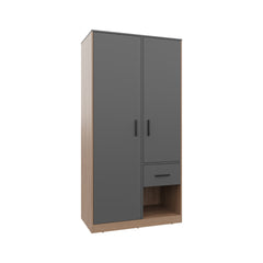 Alder 2-Door  One Drawer Amoire with 2 Cabinets, Two Hanging rods and Four Shelves in Matt Gray and Natural Oak