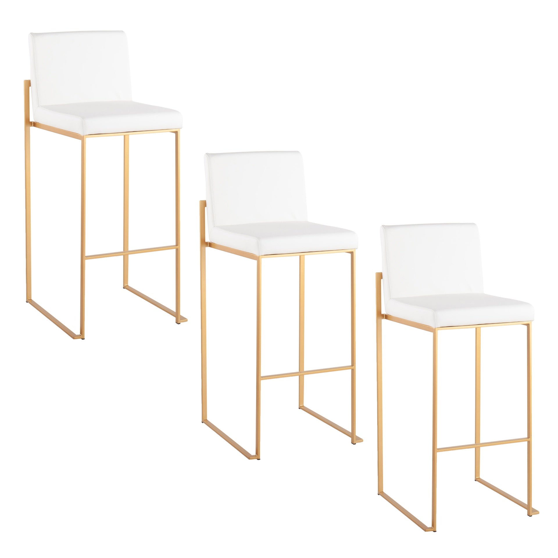 Fuji 30" Contemporary High Back Barstool in Gold Steel and White Faux Leather by LumiSource - Set of 3