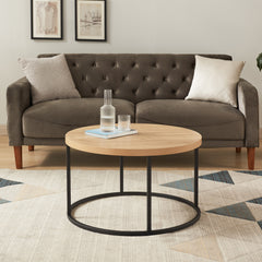 31.5" Round Coffee Table for Living Room, Modern Industrial Wood Circle Center Table with Sturdy Metal Legs, Thick Scratch-Resistant Top, Natural Oak Finish