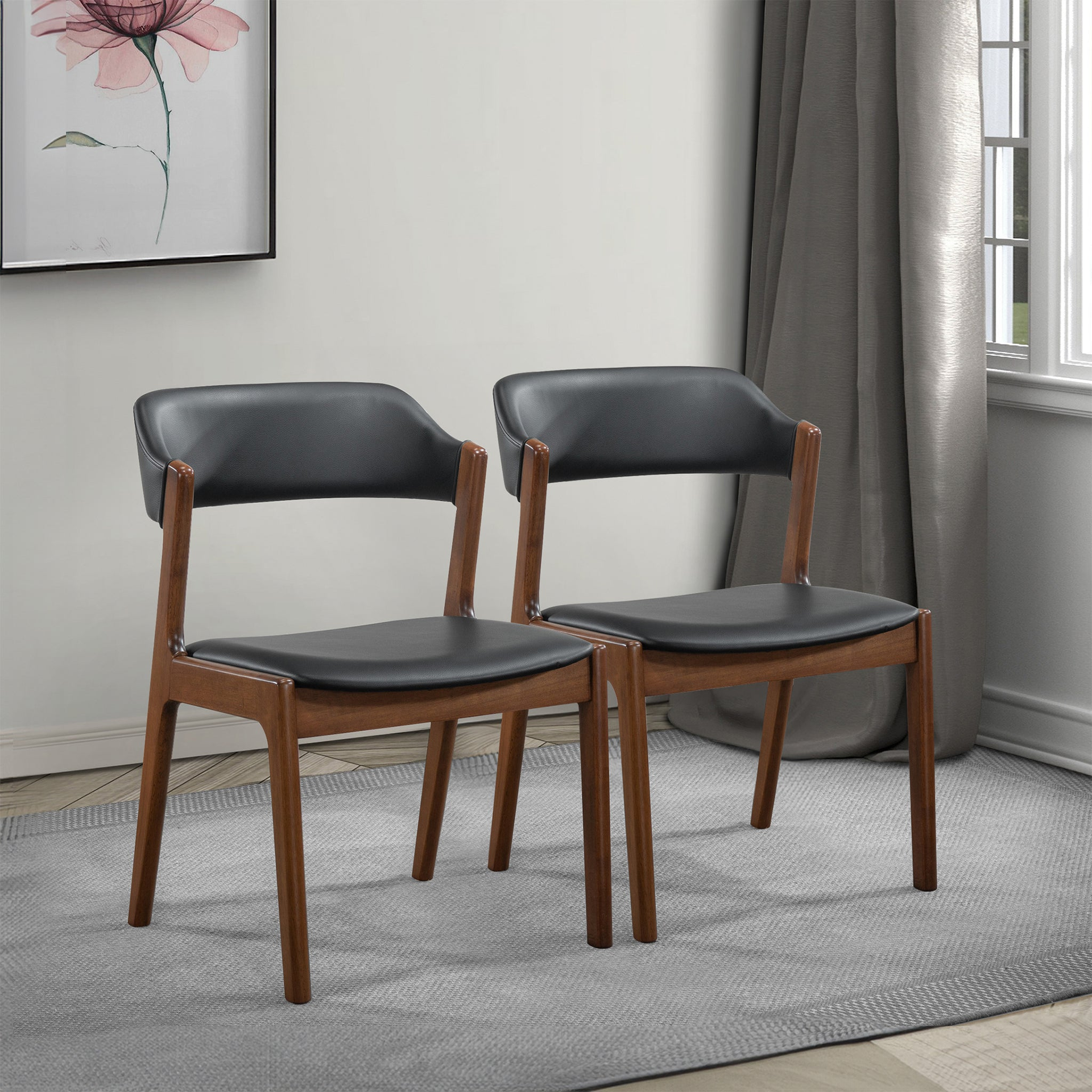 High Quality Enzo Mid-Century Modern Black Leather Dining Chair (Set of 2) with Solid Wood Base 21.1"W x 24.5"D x 30.1"H for Living Room Bedroom Outdoor