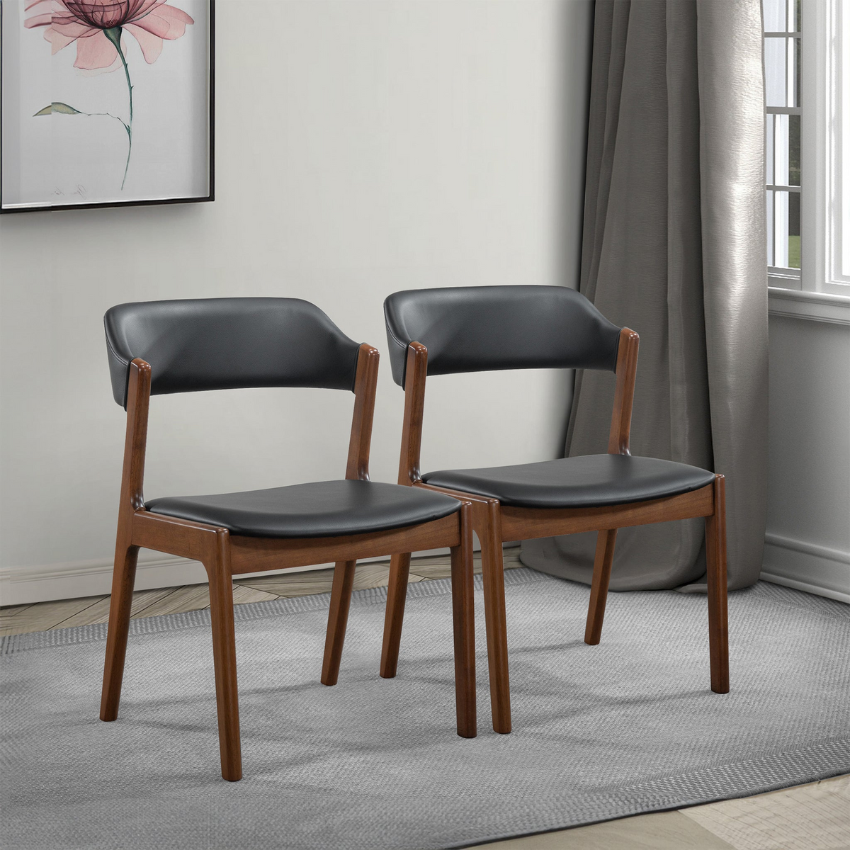 High Quality Enzo Mid-Century Modern Black Leather Dining Chair (Set of 2) with Solid Wood Base 21.1"W x 24.5"D x 30.1"H for Living Room Bedroom Outdoor