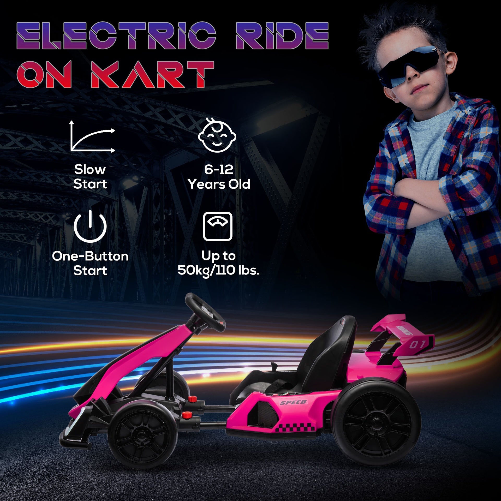 Aosom  24V 7.5 MPH Electric Go Kart with Adjustable Seat, Drifting Car Battery Powered Ride on Toy Outdoor with Slow Start, Button Start, Music, Honking Horn, Lights, for 6-12 Years Old, Pink