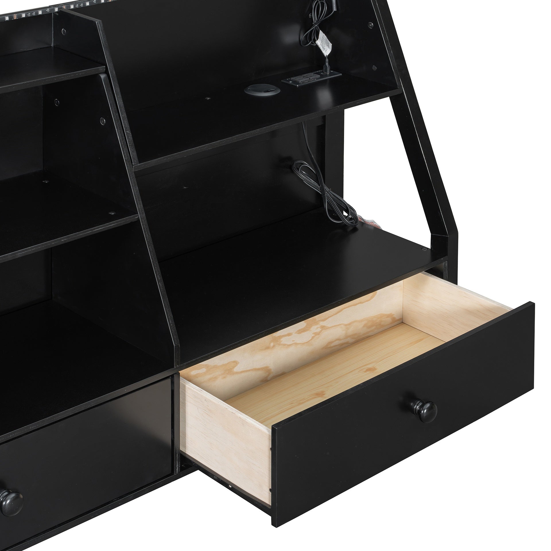 Full Bunk Bed with APP-Controlled LED Lights (7 Colors), USB Ports, Storage Shelves and 2 Drawers, Black