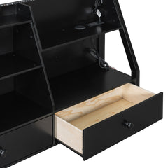 Full Bunk Bed with APP-Controlled LED Lights (7 Colors), USB Ports, Storage Shelves and 2 Drawers, Black