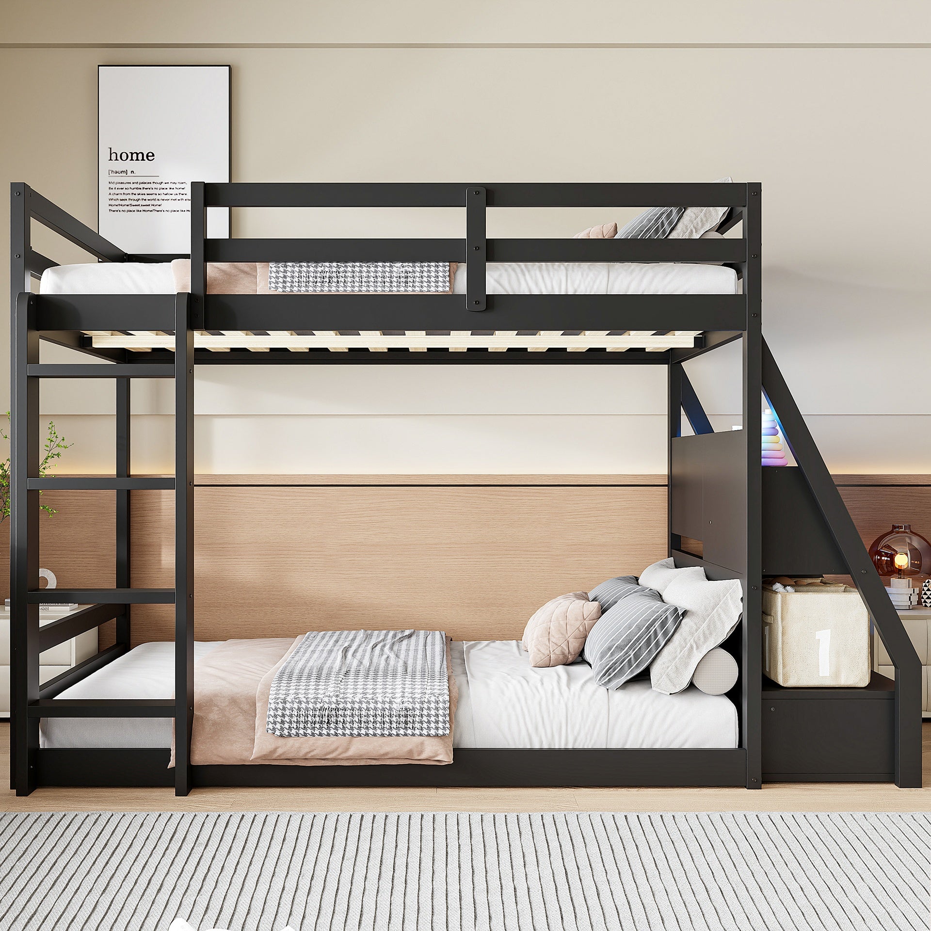 Full Bunk Bed with APP-Controlled LED Lights (7 Colors), USB Ports, Storage Shelves and 2 Drawers, Black