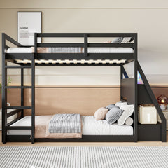 Full Bunk Bed with APP-Controlled LED Lights (7 Colors), USB Ports, Storage Shelves and 2 Drawers, Black