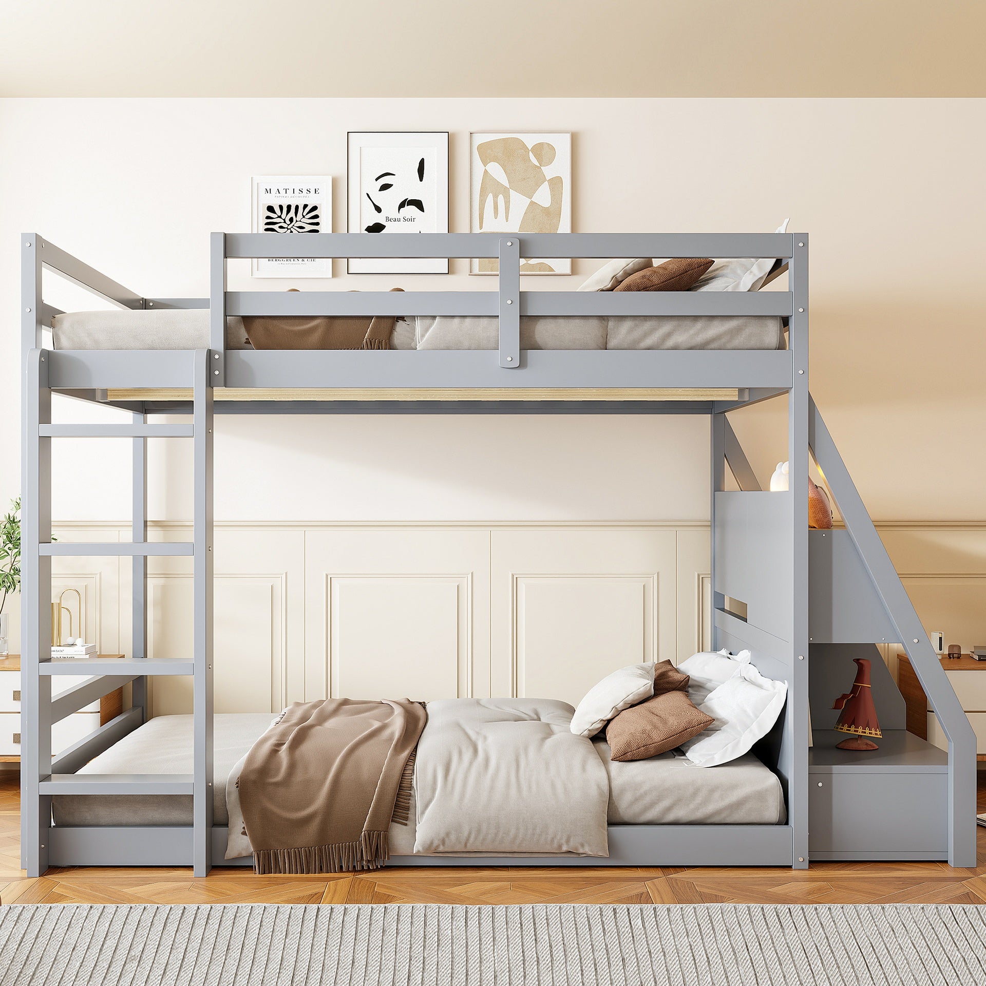 Full Bunk Bed with APP-Controlled LED Lights (7 Colors), USB Ports, Storage Shelves and 2 Drawers,Gray