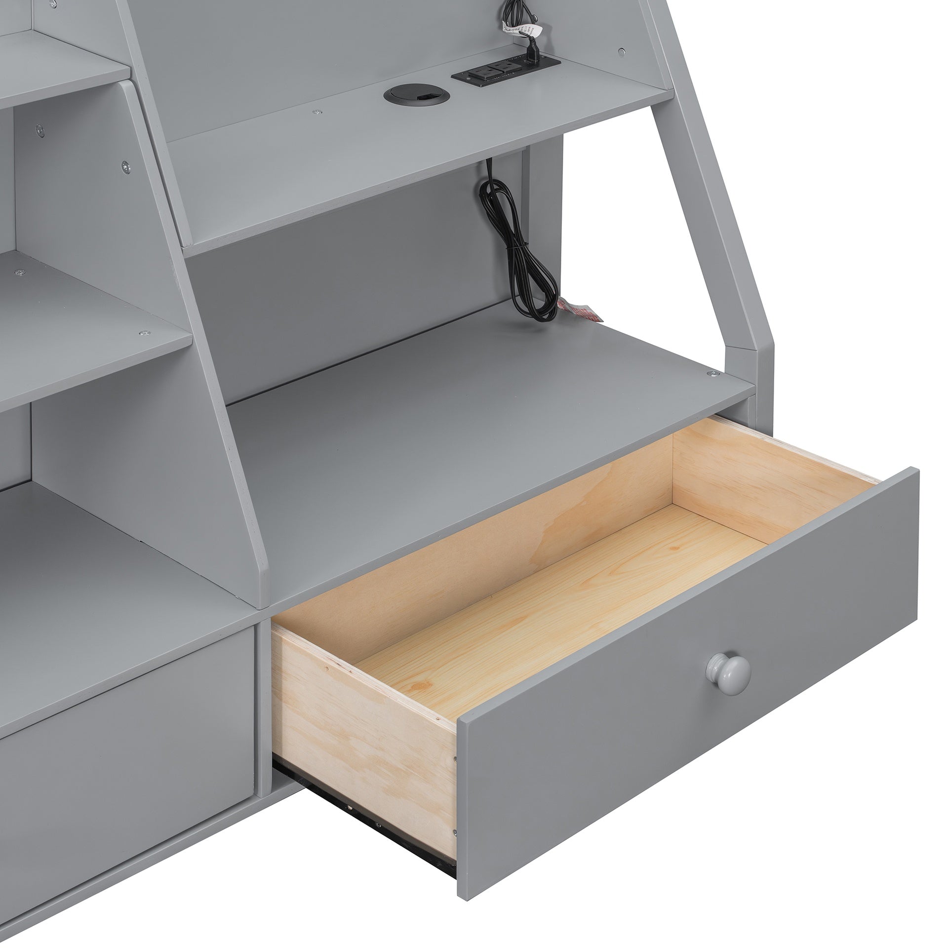 Full Bunk Bed with APP-Controlled LED Lights (7 Colors), USB Ports, Storage Shelves and 2 Drawers,Gray