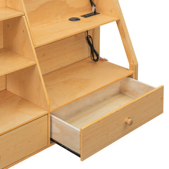 Full Bunk Bed with APP-Controlled LED Lights (7 Colors), USB Ports, Storage Shelves and 2 Drawers, Natural
