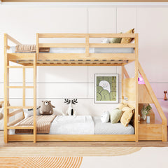 Full Bunk Bed with APP-Controlled LED Lights (7 Colors), USB Ports, Storage Shelves and 2 Drawers, Natural