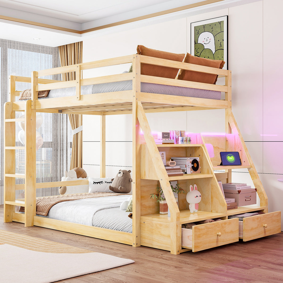 Full Bunk Bed with APP-Controlled LED Lights (7 Colors), USB Ports, Storage Shelves and 2 Drawers, Natural
