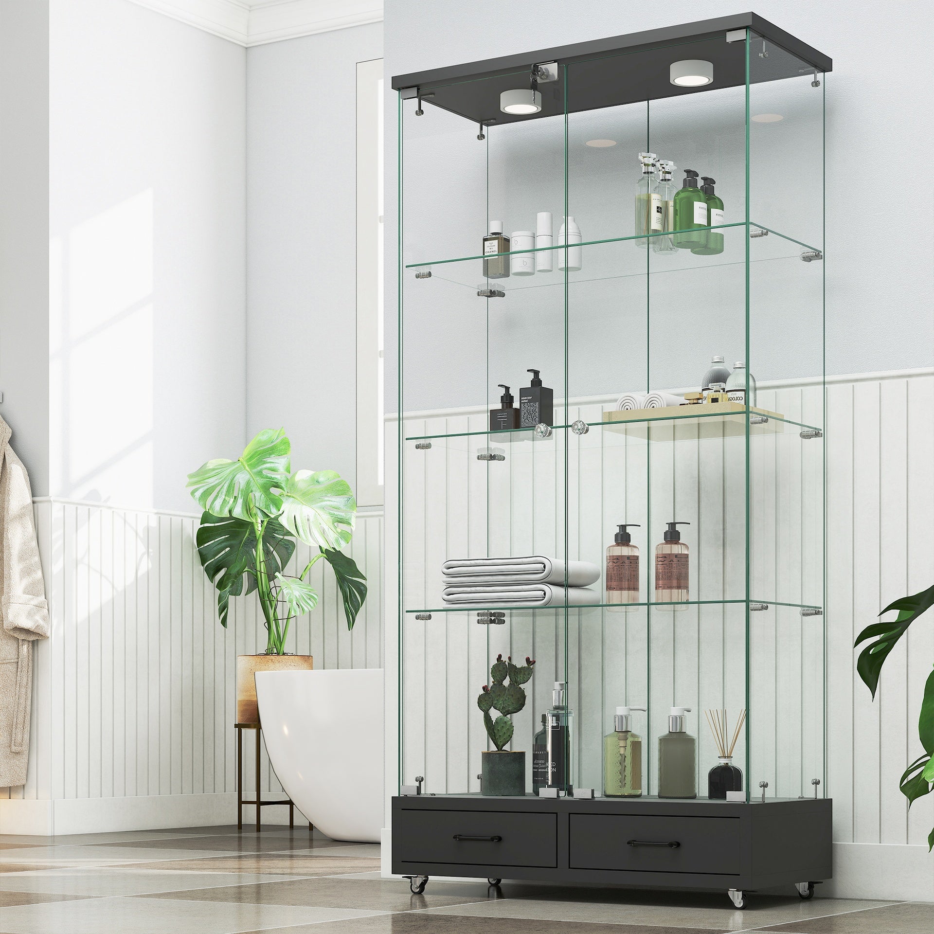 Modern Glass Display Cabinet with 2 Large Drawers , Quick-assembly Antique Cabinet with LED lights, Tempered Glass Bookshelf, 2-Door Storage Case with 4 Shelves  for Living Room and Bedroom, black