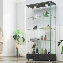 Modern Glass Display Cabinet with 2 Large Drawers , Quick-assembly Antique Cabinet with LED lights, Tempered Glass Bookshelf, 2-Door Storage Case with 4 Shelves  for Living Room and Bedroom, black