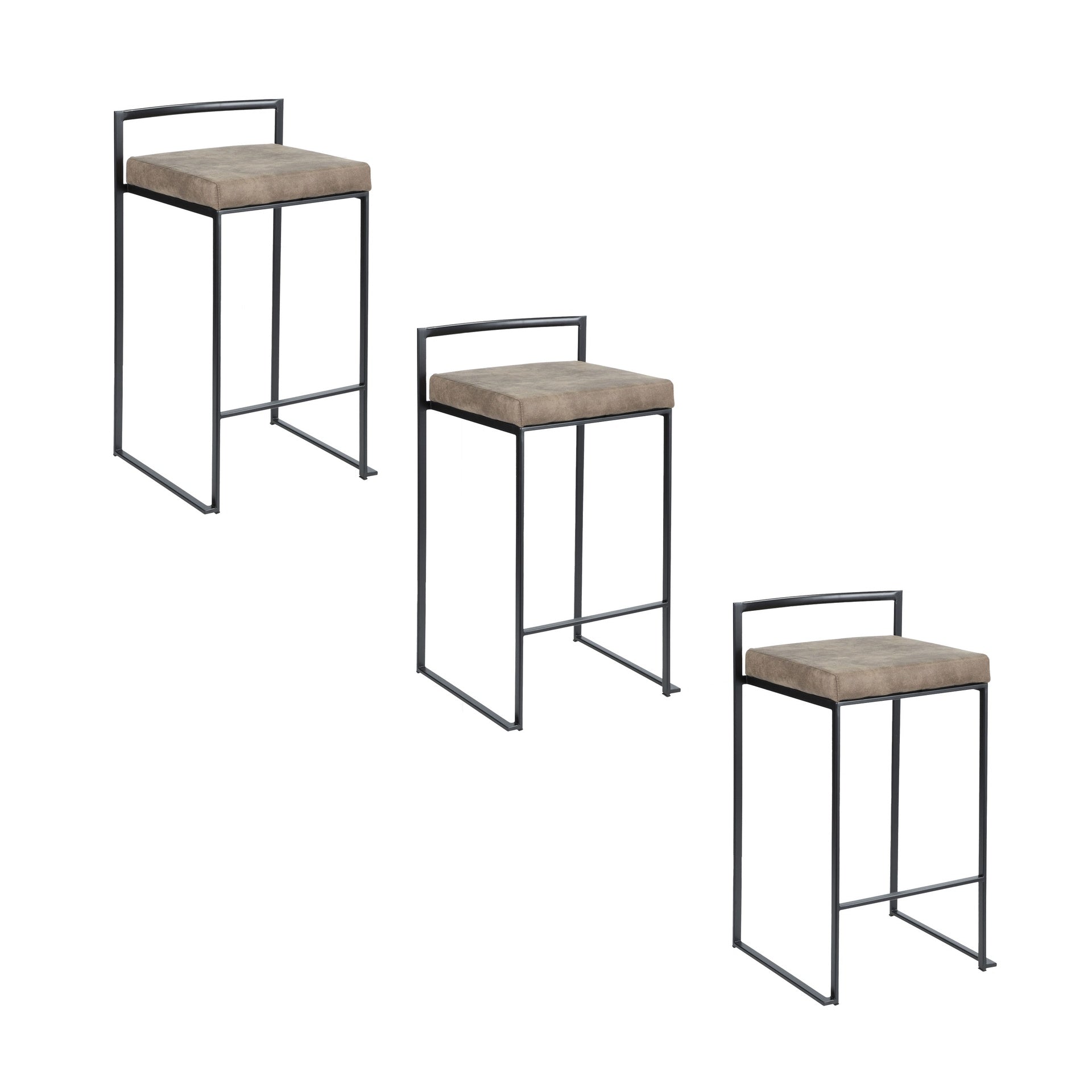 Fuji 26" Contemporary Stackable Counter Stool in Black Metal with Brown Cowboy Fabric Cushion by LumiSource - Set of 3