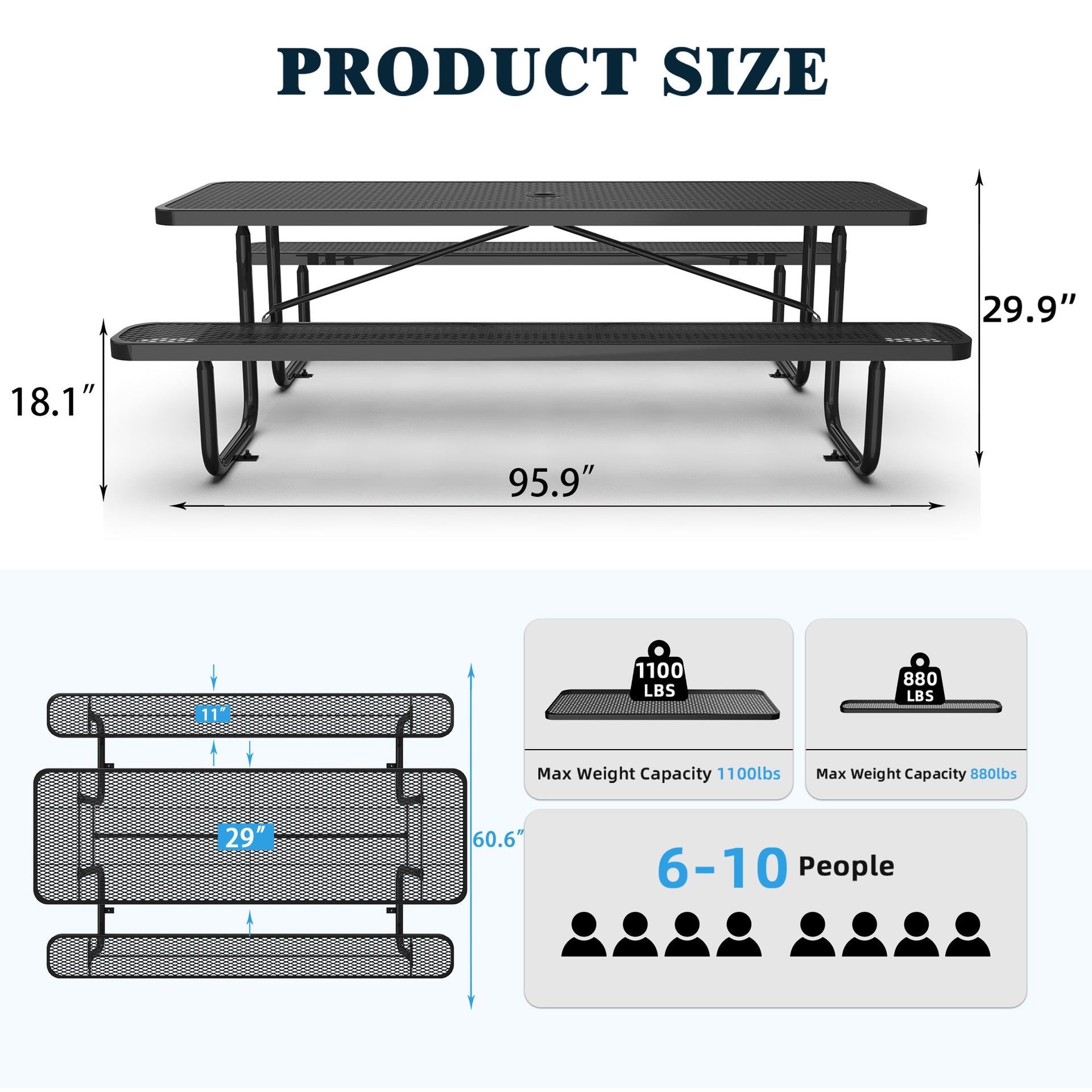 96" Rectangular Picnic Tables Black