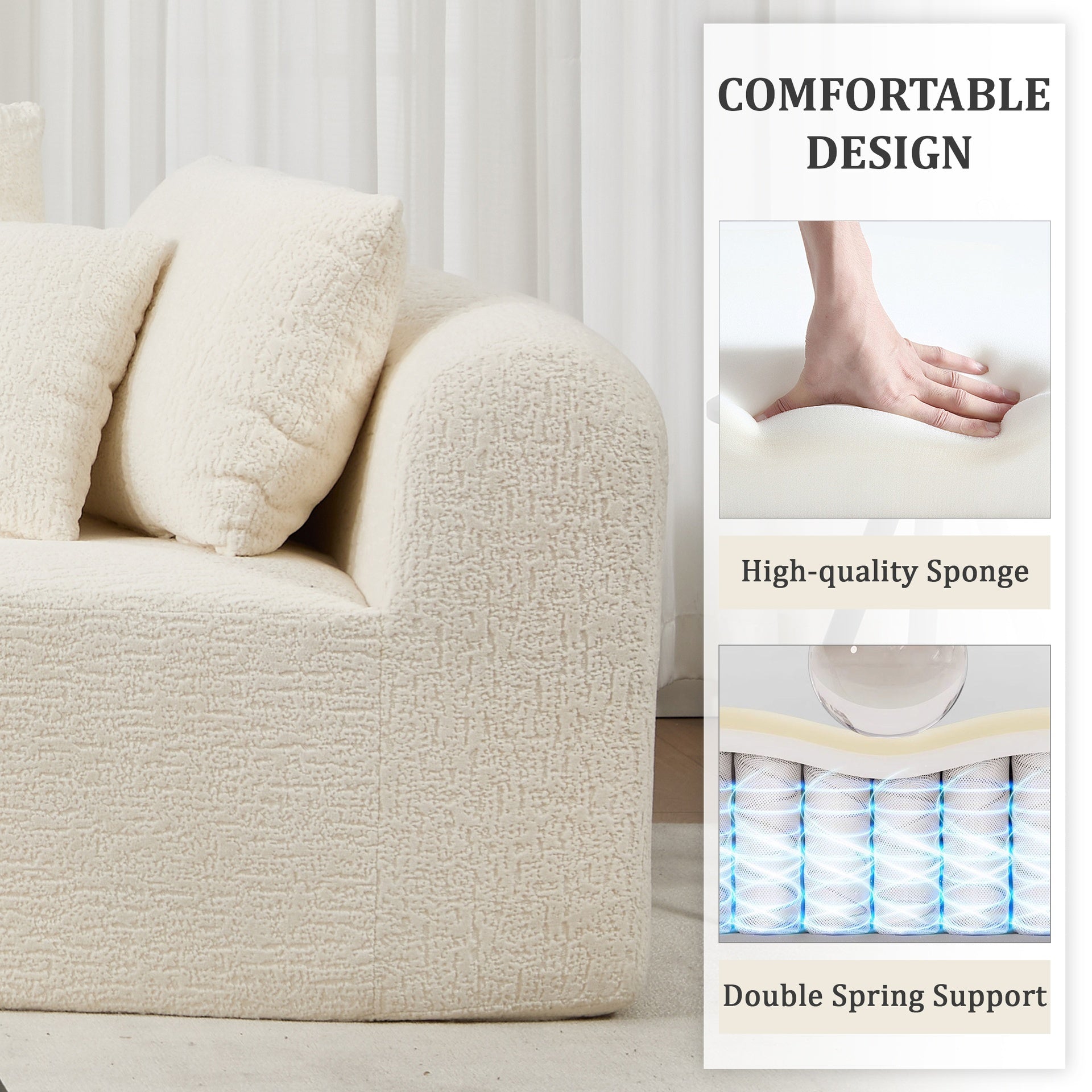 109 Inch Cloud Sectional Couch, Boneless Sofa for Living Room, Corduroy Modular Couch with L Shape Chaise, Modern Compressed Sofa in a Box, Memory Foam Filling (WHITE)