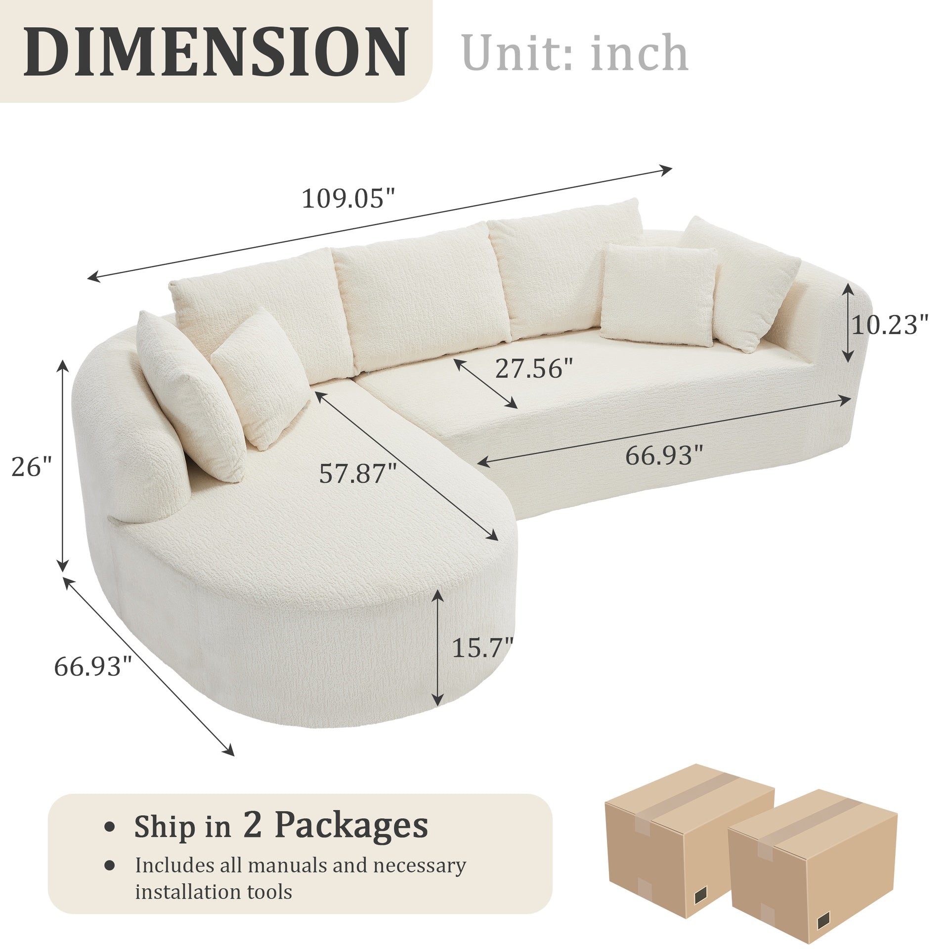 109 Inch Cloud Sectional Couch, Boneless Sofa for Living Room, Corduroy Modular Couch with L Shape Chaise, Modern Compressed Sofa in a Box, Memory Foam Filling (WHITE)