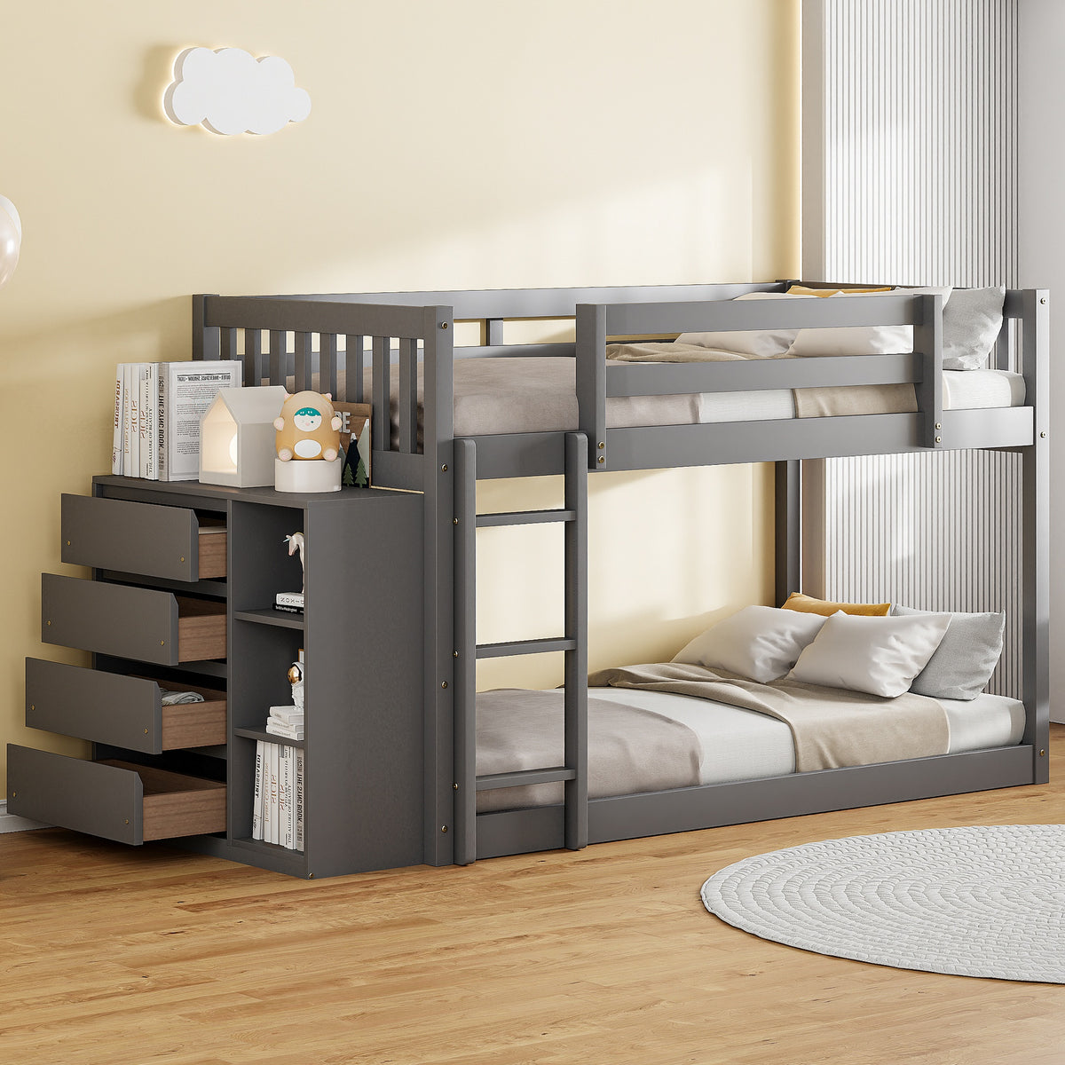 Twin over Twin Bunk Bed with 4 Drawers and 3 Shelves-Gray