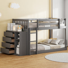 Twin over Twin Bunk Bed with 4 Drawers and 3 Shelves-Gray