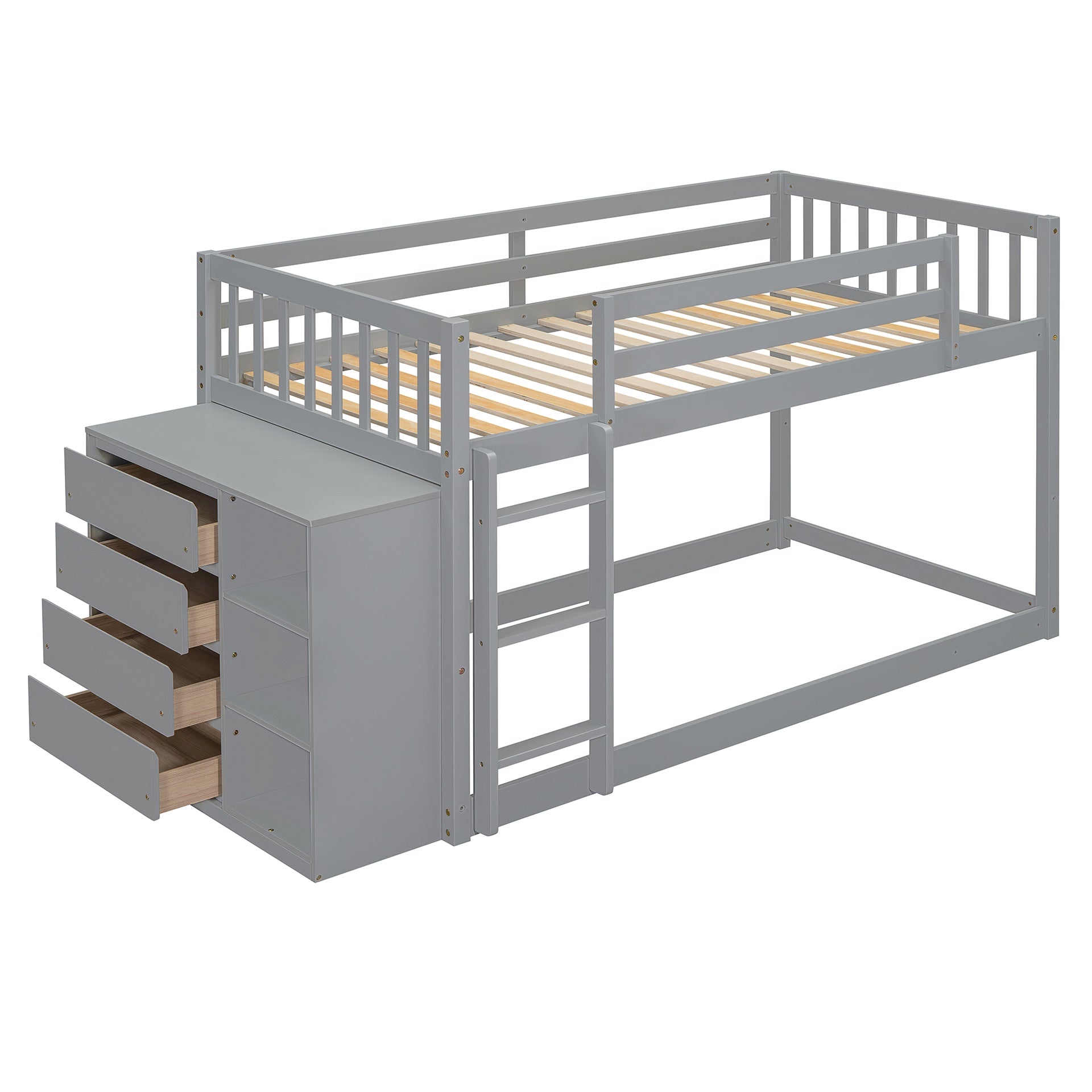 Twin over Twin Bunk Bed with 4 Drawers and 3 Shelves-Gray