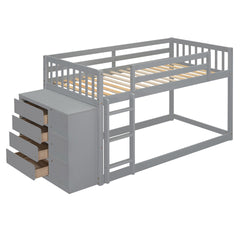 Twin over Twin Bunk Bed with 4 Drawers and 3 Shelves-Gray
