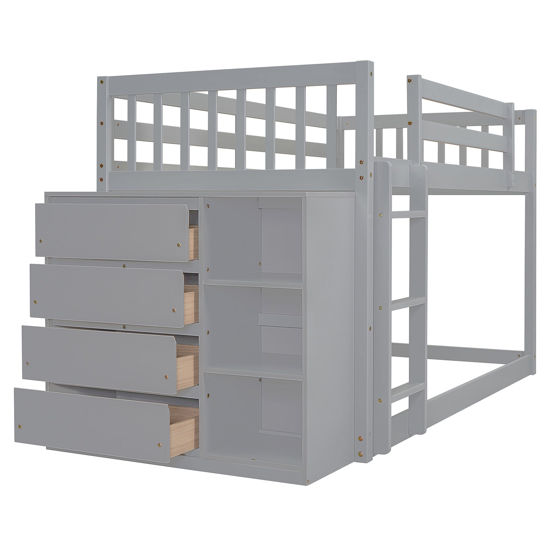 Twin over Twin Bunk Bed with 4 Drawers and 3 Shelves-Gray