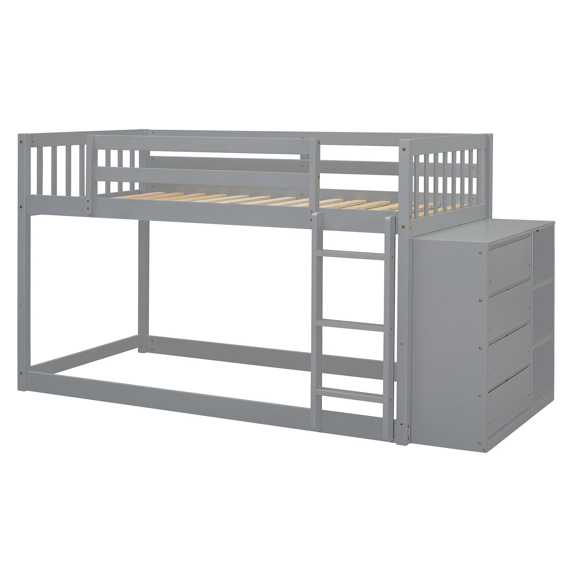 Twin over Twin Bunk Bed with 4 Drawers and 3 Shelves-Gray