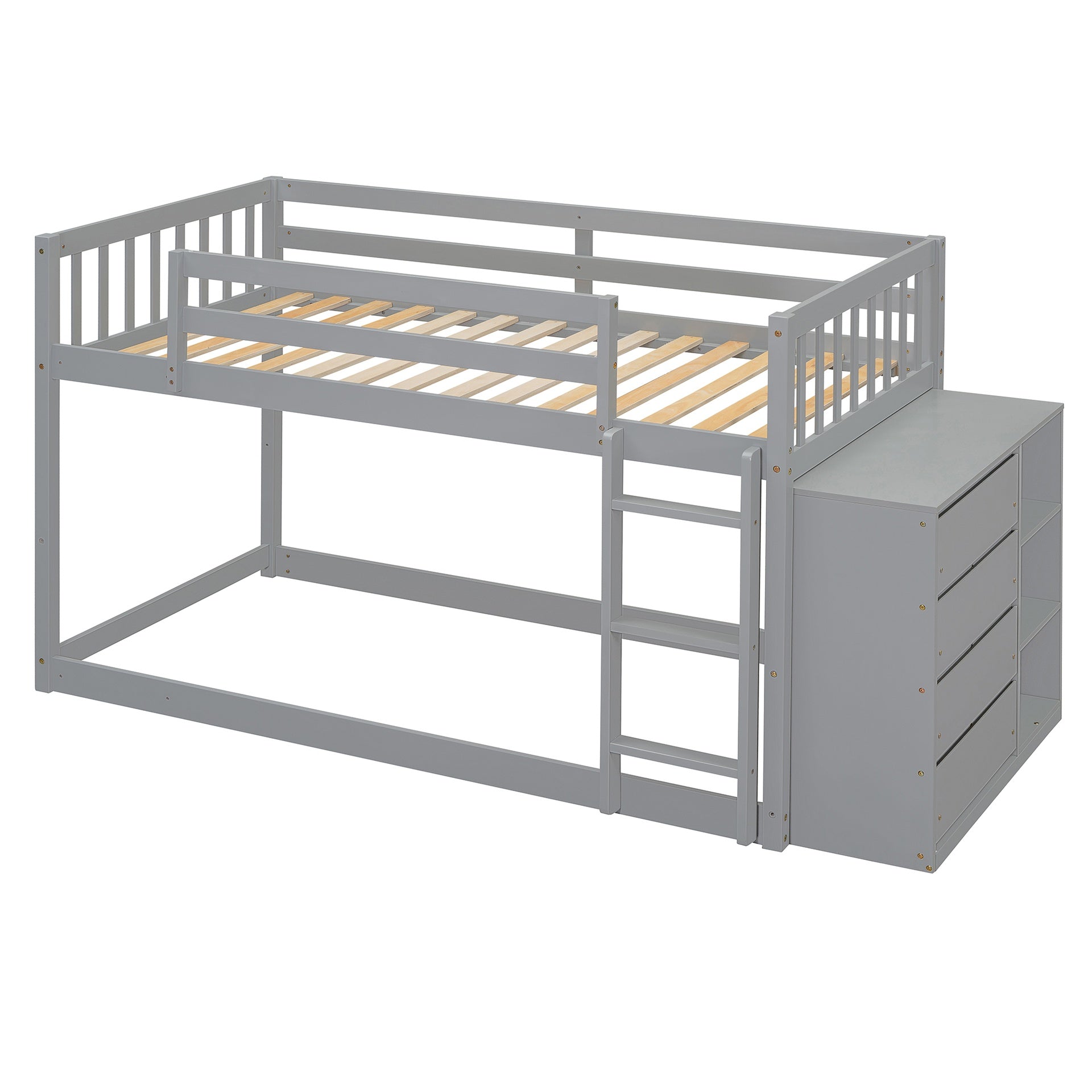 Twin over Twin Bunk Bed with 4 Drawers and 3 Shelves-Gray