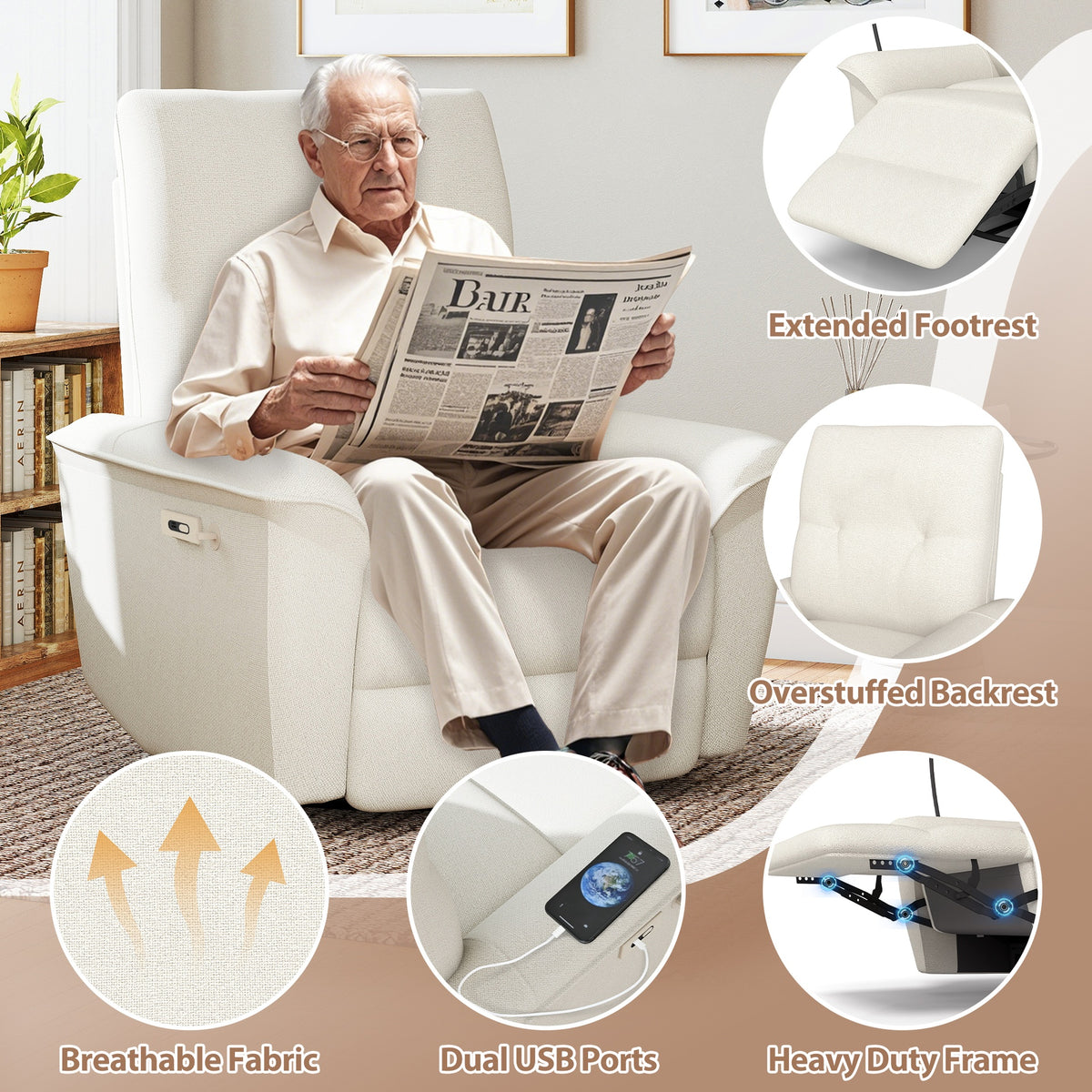 270° Power Swivel Rocker Recliner Chair w/ Phone Holder, Electric Glider Reclining Sofa with USB Ports, Power Swivel Glider, Rocking Chair Nursery Recliners for Living Room Bedroom(Beige-gray)