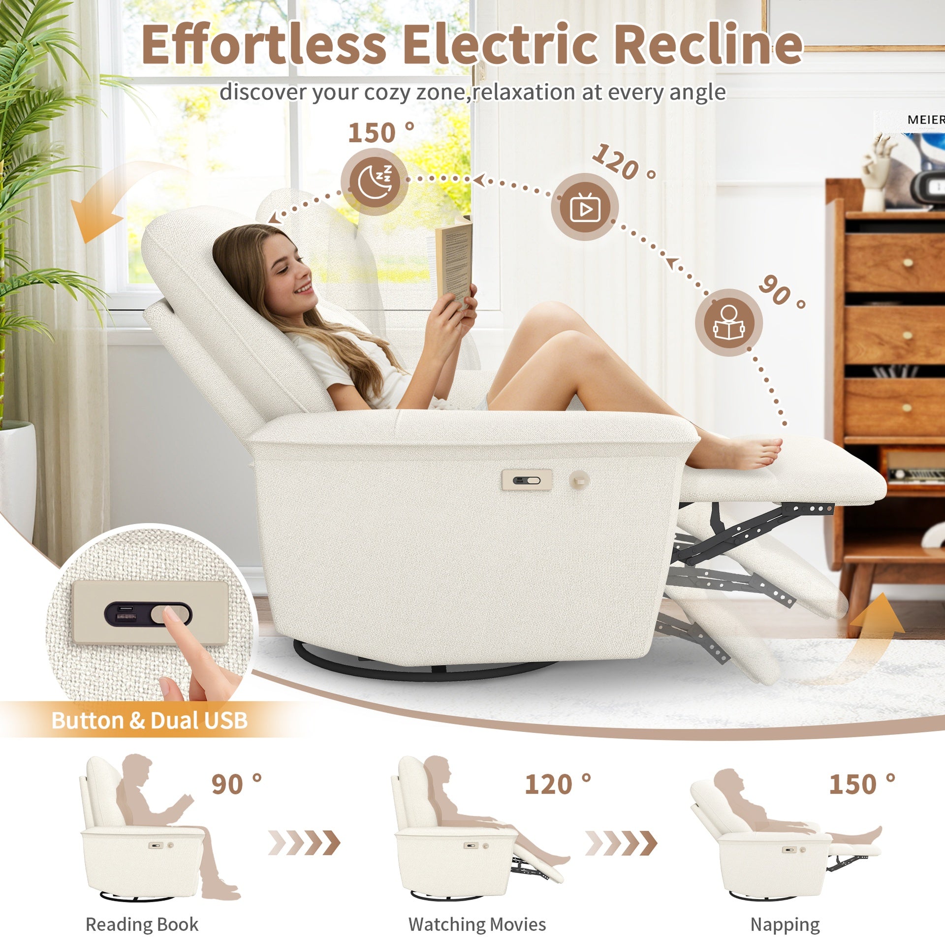 270° Power Swivel Rocker Recliner Chair w/ Phone Holder, Electric Glider Reclining Sofa with USB Ports, Power Swivel Glider, Rocking Chair Nursery Recliners for Living Room Bedroom(Beige-gray)