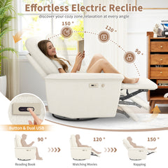 270° Power Swivel Rocker Recliner Chair w/ Phone Holder, Electric Glider Reclining Sofa with USB Ports, Power Swivel Glider, Rocking Chair Nursery Recliners for Living Room Bedroom(Beige-gray)