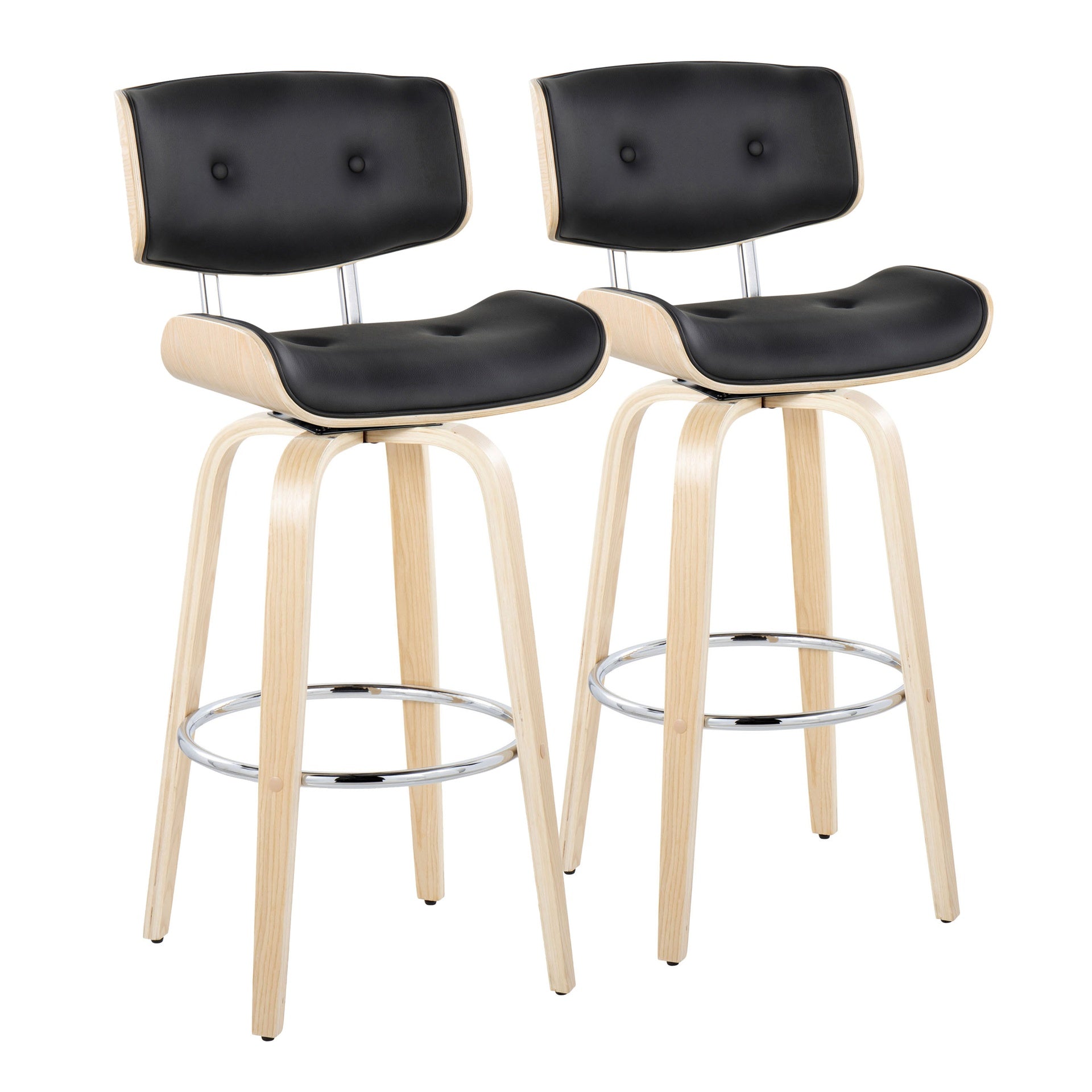 Lombardi 30" Mid-Century Modern Fixed-Height Barstool with Swivel in Natural Wood and Black Faux Leather with Round Chrome Metal Footrest by LumiSource - Set of 2