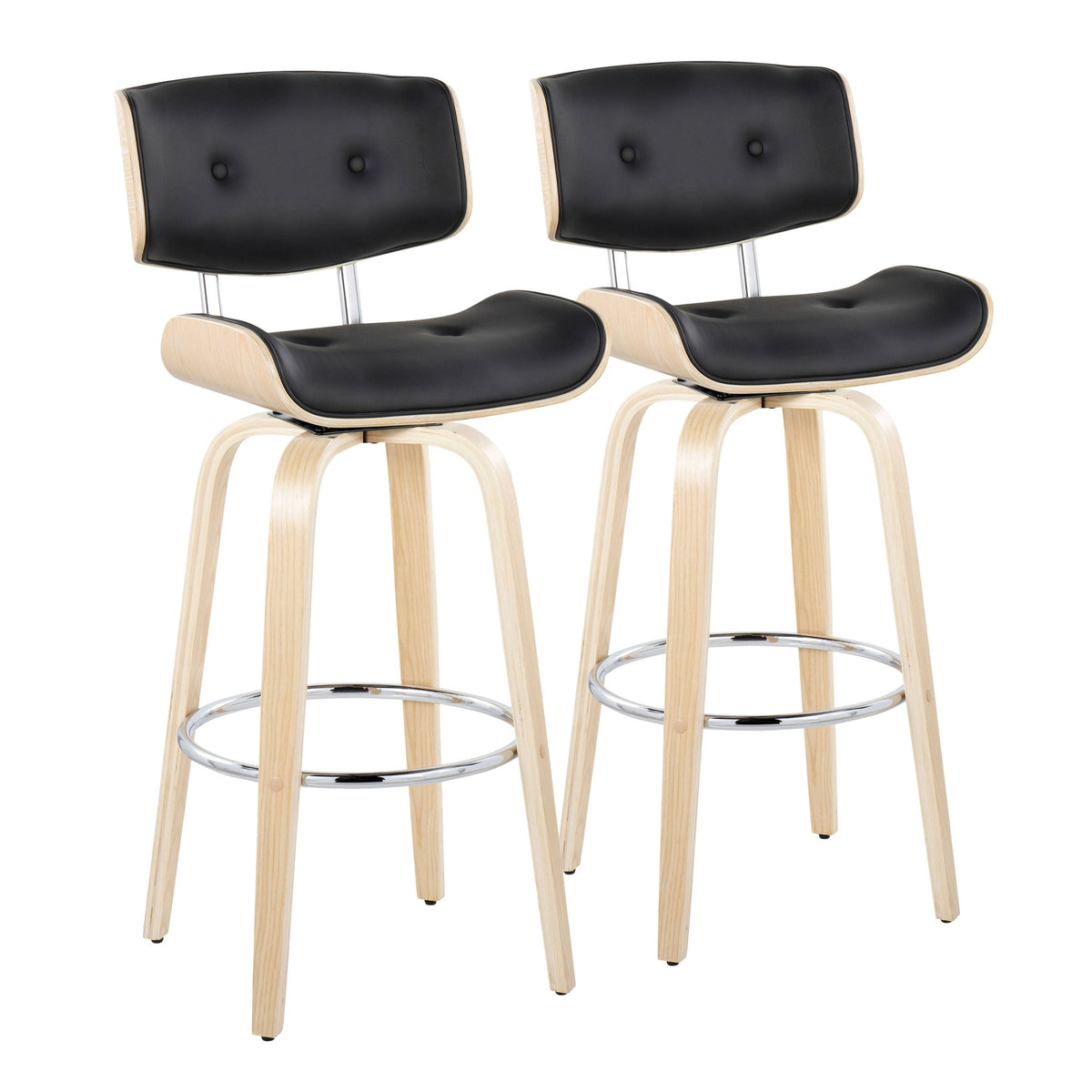 Lombardi 30" Mid-Century Modern Fixed-Height Barstool with Swivel in Natural Wood and Black Faux Leather with Round Chrome Metal Footrest by LumiSource - Set of 2