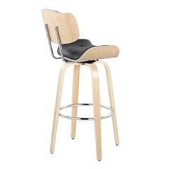 Lombardi 30" Mid-Century Modern Fixed-Height Barstool with Swivel in Natural Wood and Black Faux Leather with Round Chrome Metal Footrest by LumiSource - Set of 2