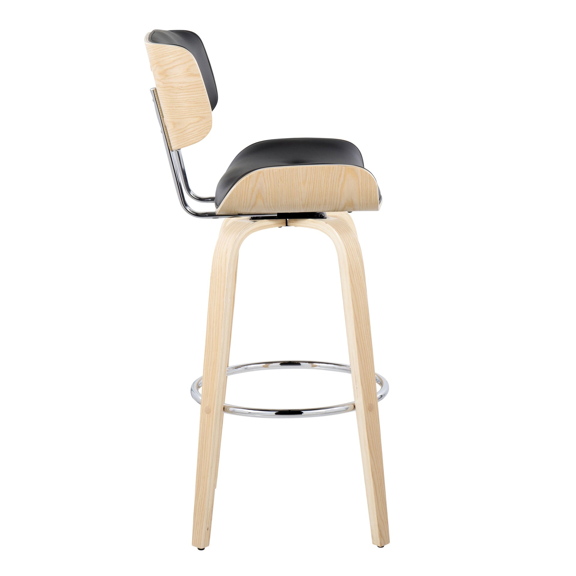 Lombardi 30" Mid-Century Modern Fixed-Height Barstool with Swivel in Natural Wood and Black Faux Leather with Round Chrome Metal Footrest by LumiSource - Set of 2