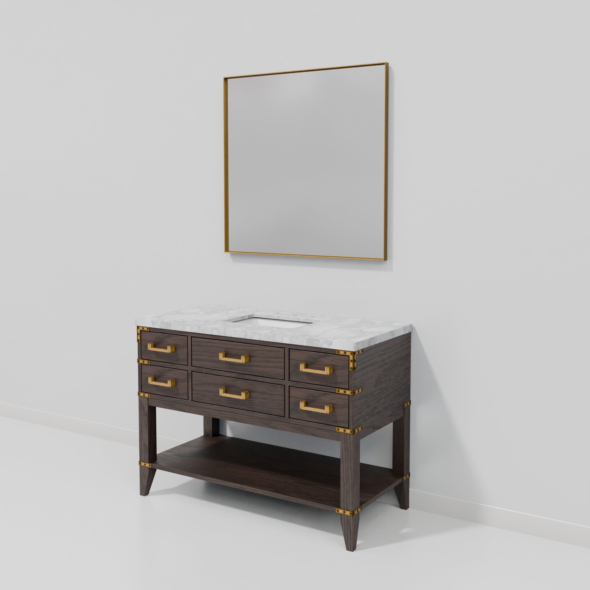 Brown Oak Single Bath Vanity 48 in. W x 22 in. D, Carrara Marble Top, and 46 in. Mirror