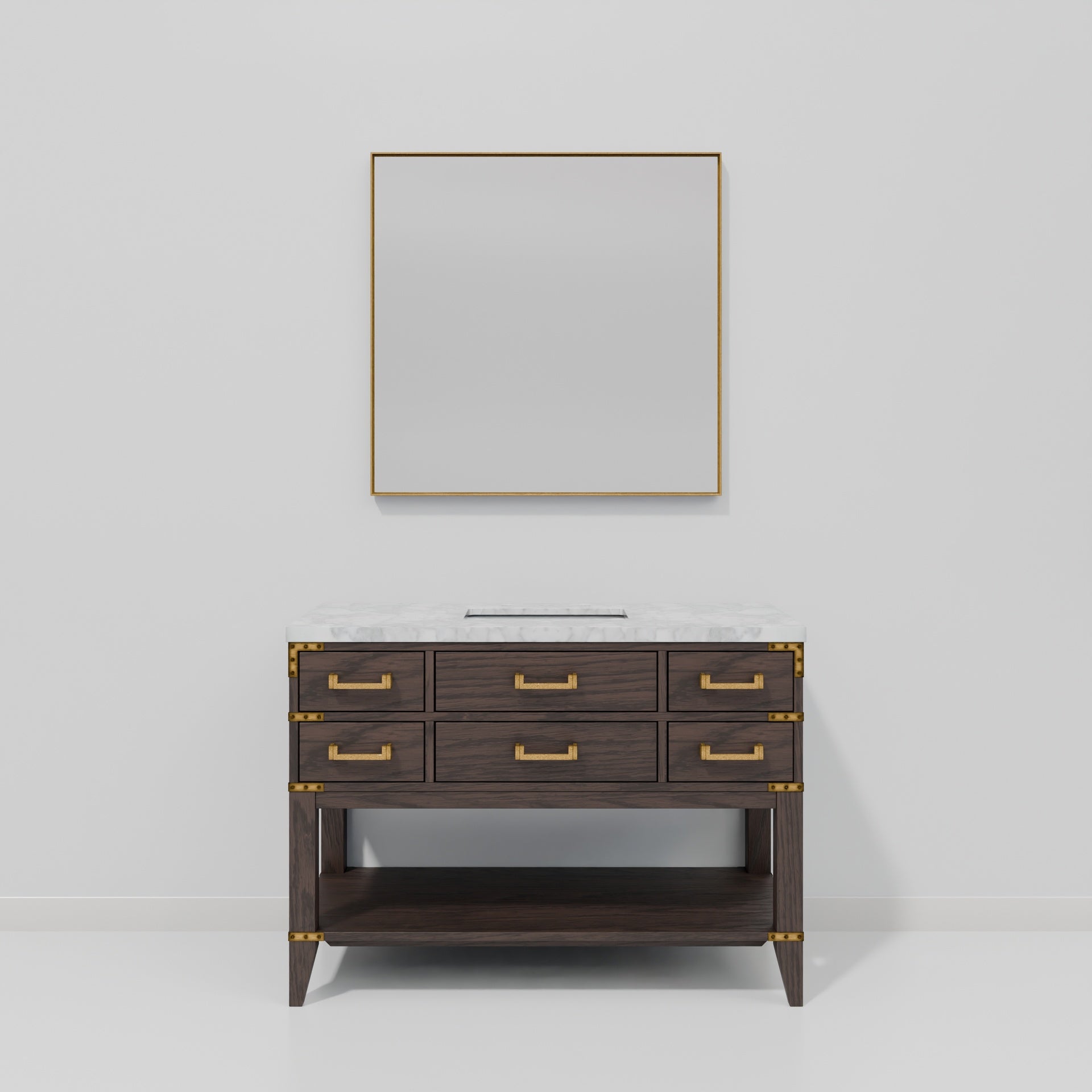 Brown Oak Single Bath Vanity 48 in. W x 22 in. D, Carrara Marble Top, and 46 in. Mirror
