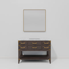 Brown Oak Single Bath Vanity 48 in. W x 22 in. D, Carrara Marble Top, and 46 in. Mirror