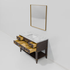 Brown Oak Single Bath Vanity 48 in. W x 22 in. D, Carrara Marble Top, and 46 in. Mirror