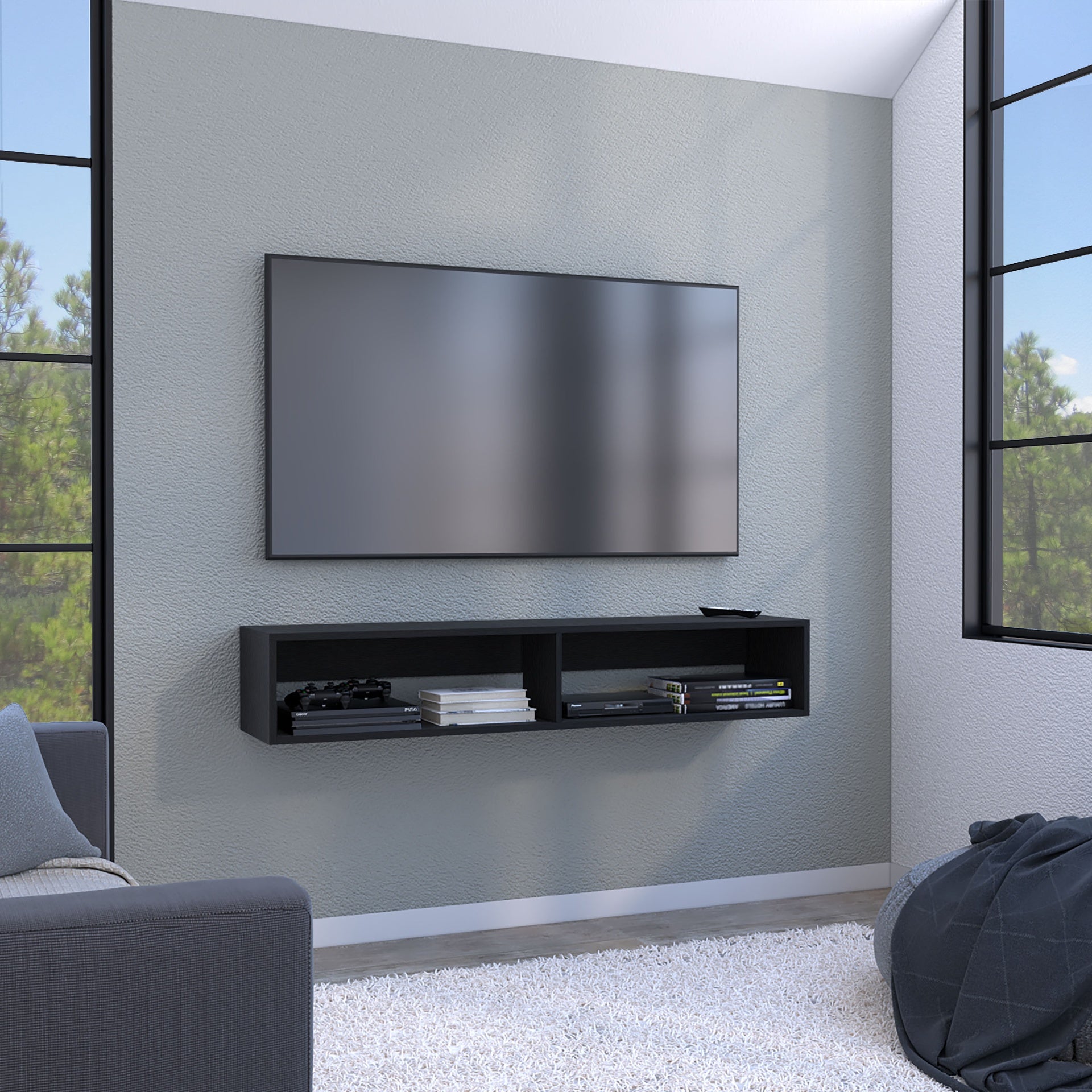Warrior 59" Floating Tv Stand with Two open shelves, media compartments and cable management Black