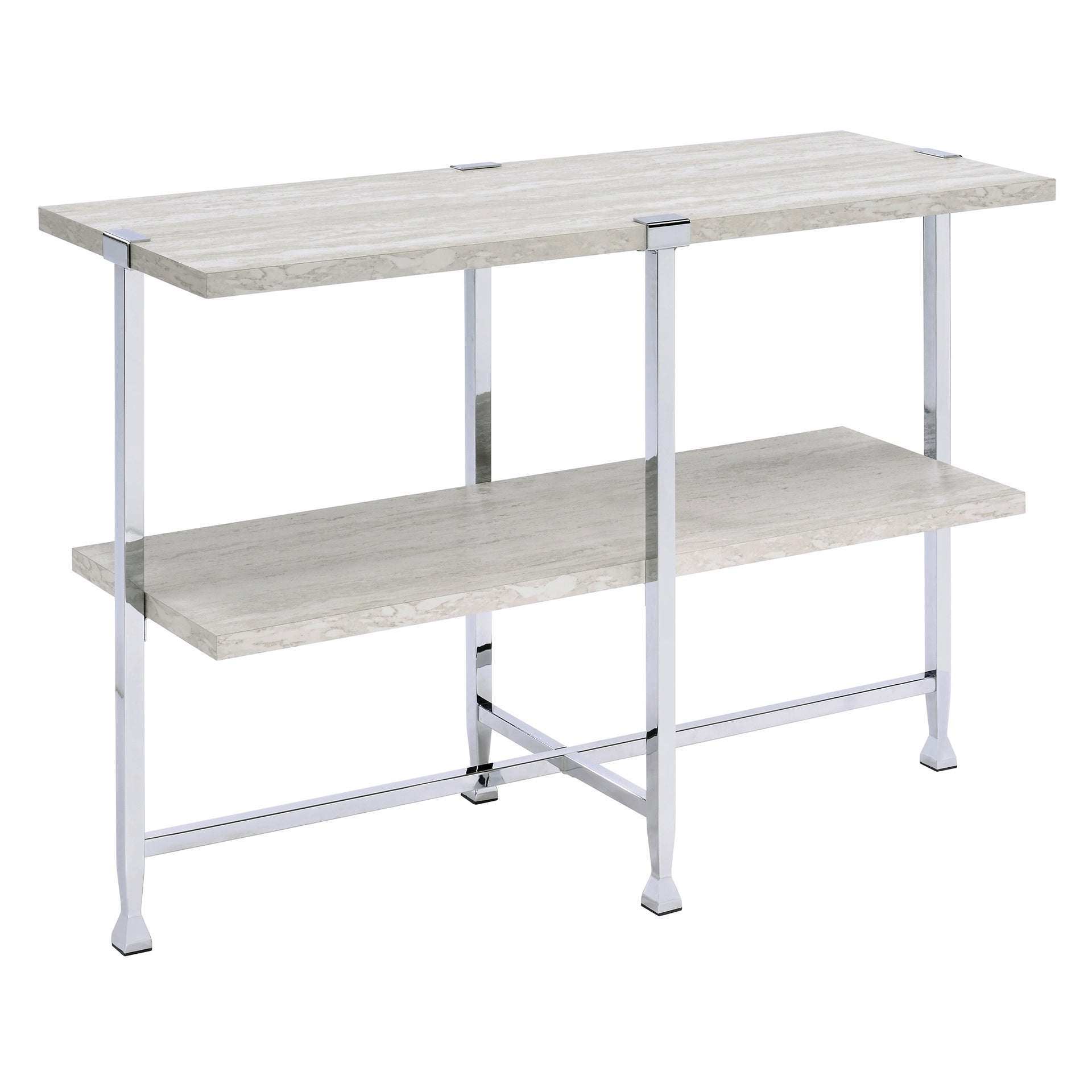 White Oak and Chrome Sofa Table with 1 Shelf