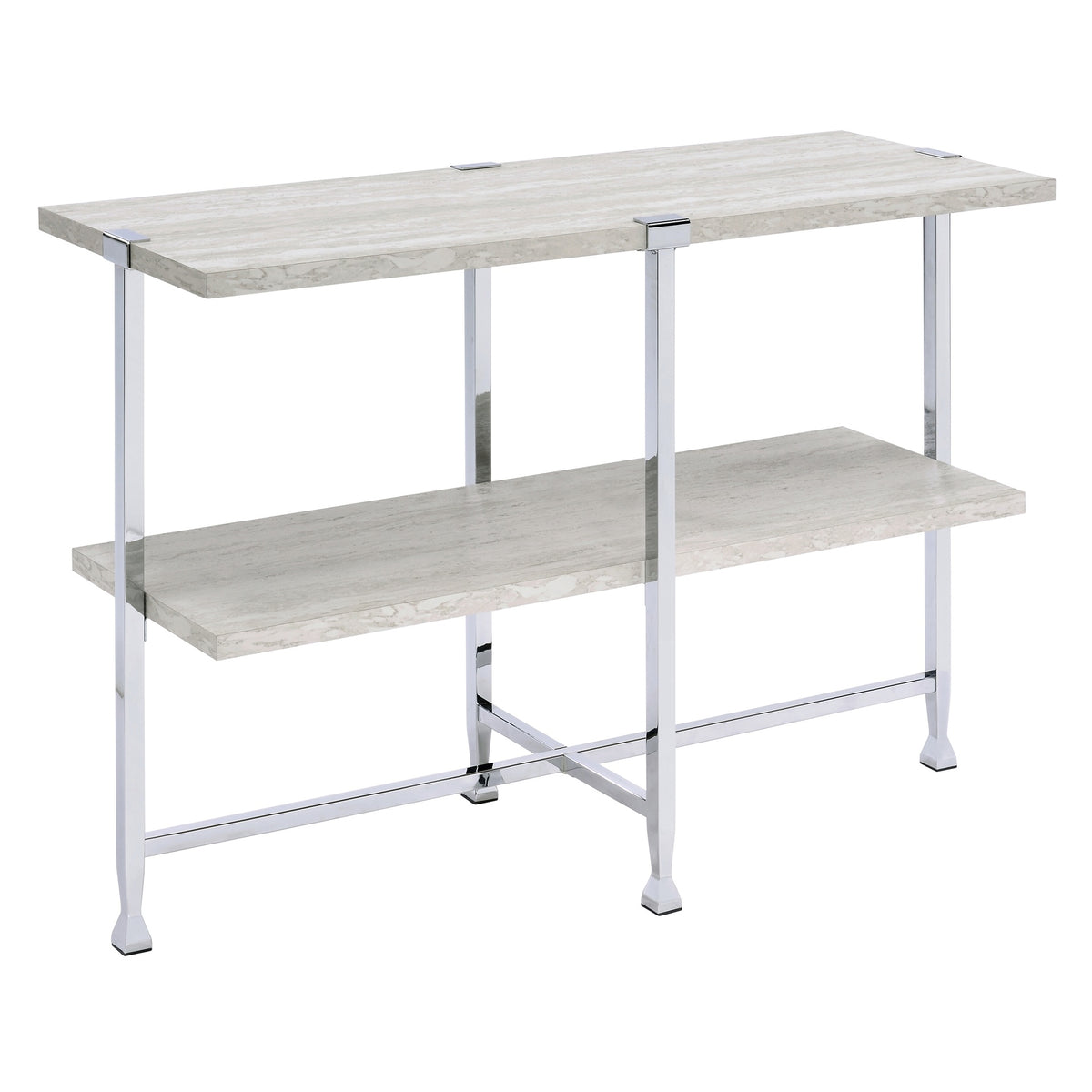 White Oak and Chrome Sofa Table with 1 Shelf